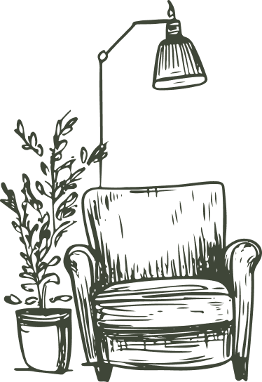Dark green hand-drawn sketch of a cozy armchair, arching floor lamp, and potted plant, creating a welcoming wellness space.
